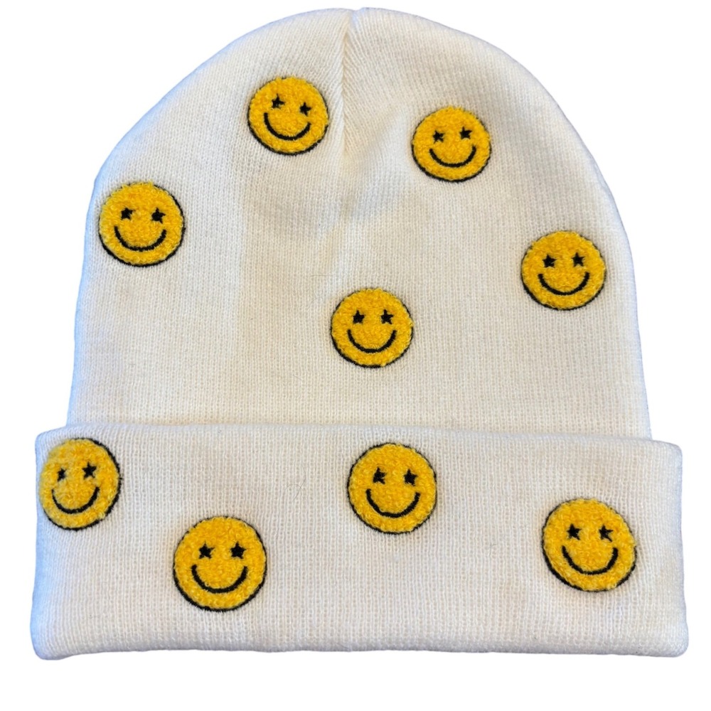 David and Young Ivory Smiley Face Star Eye Knit Cuffed Beanie Hat FWBB7721